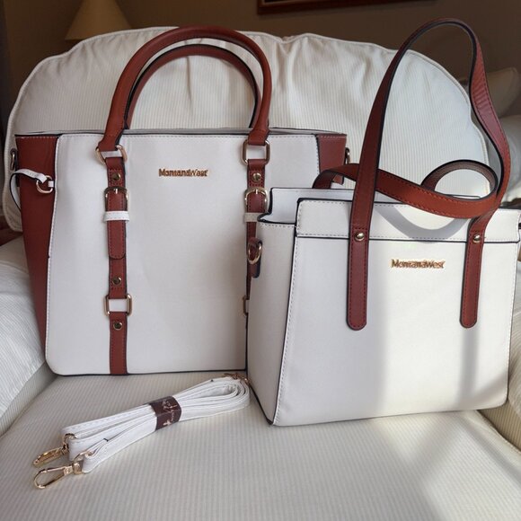 Montana West 2 Piece Handbag Set- Matching Tote Bag Purse/Satchel Cream & Brown - Picture 1 of 16
